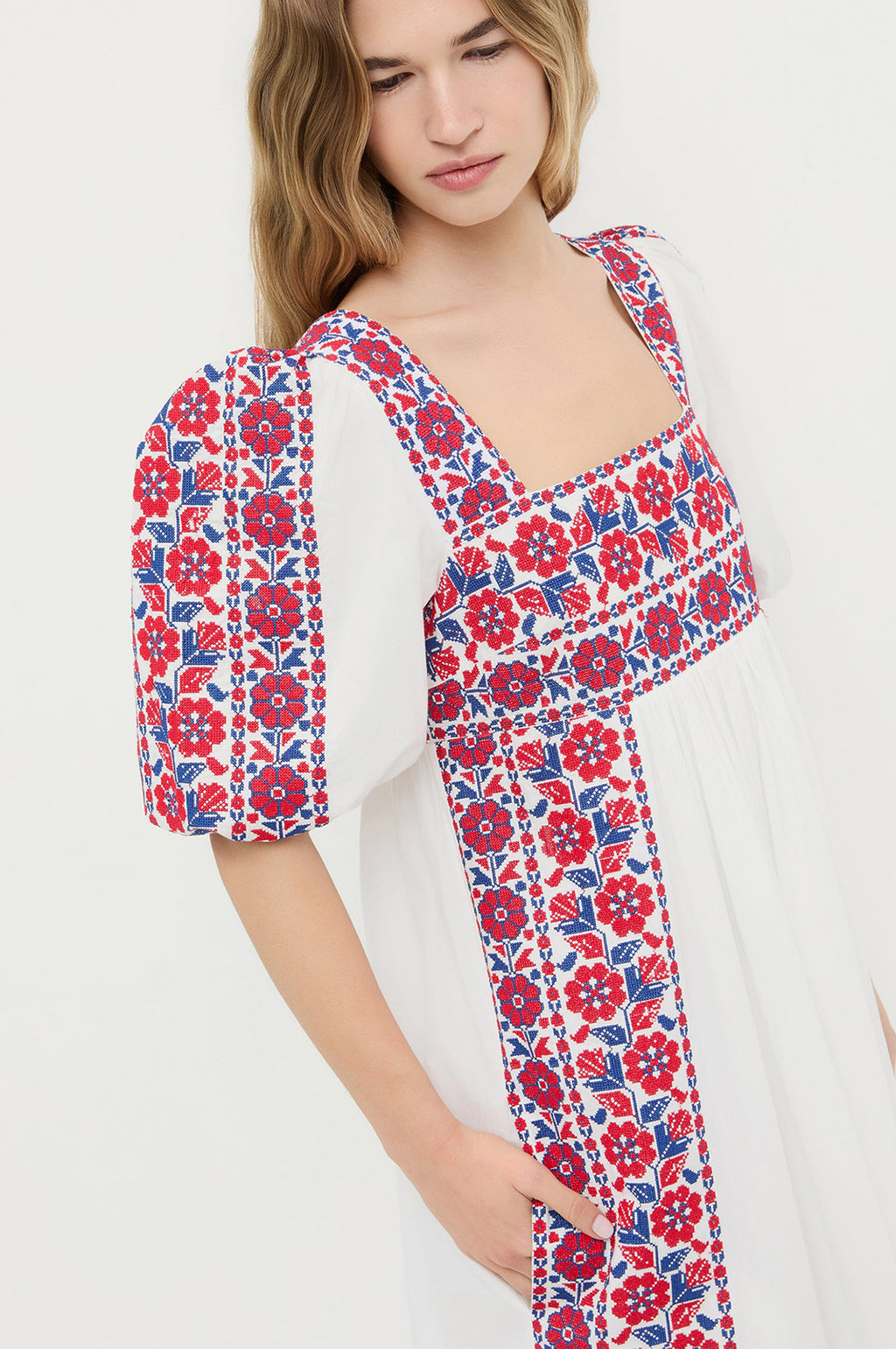 Lotus Embroidered Babydoll Dress Cream/Red/Blue