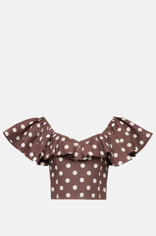 Vega Godet Bubble Sleeve Top Brown/Cream Polka Dot