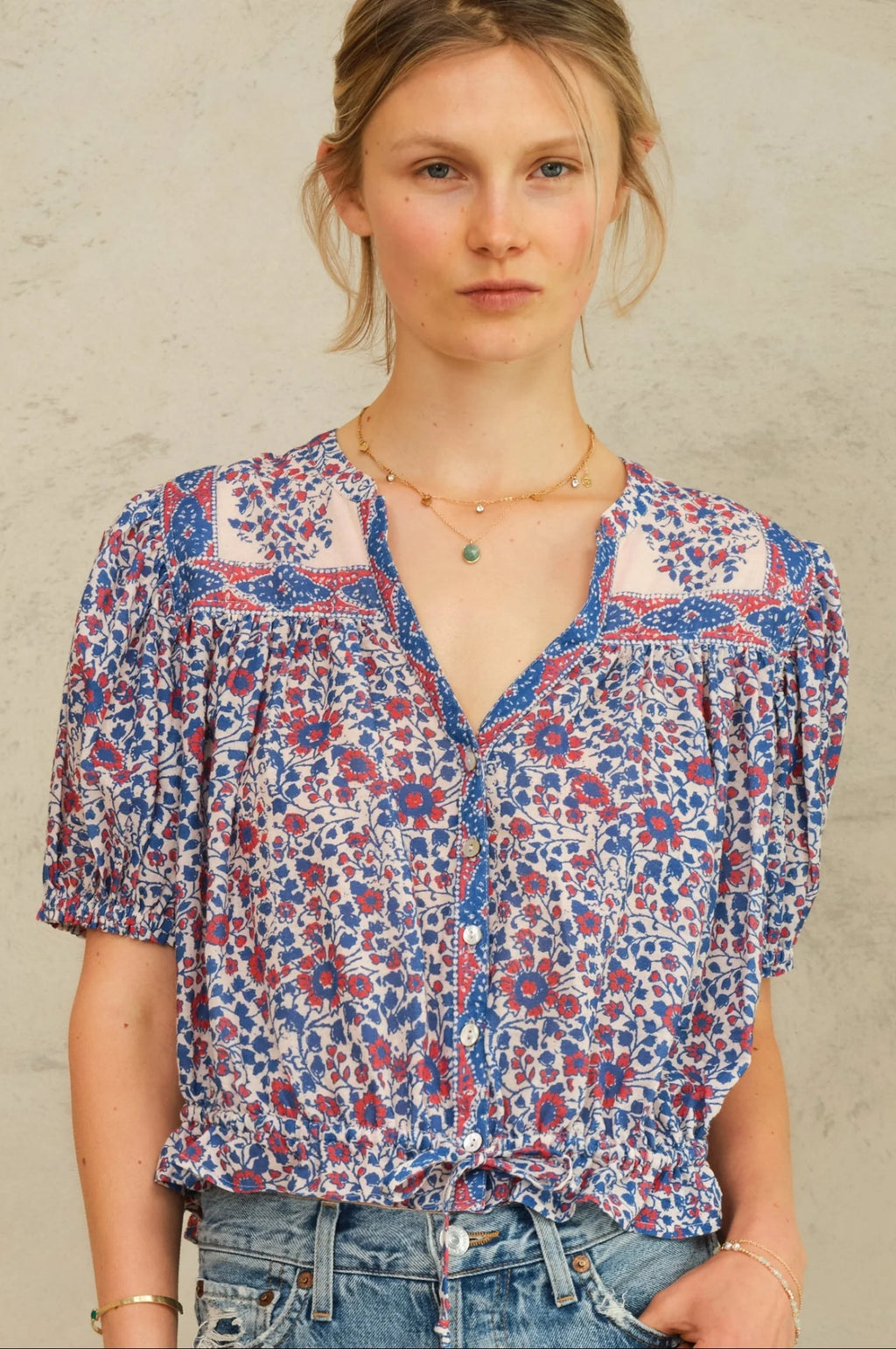 Della Print S/S Top Blue/Pink
