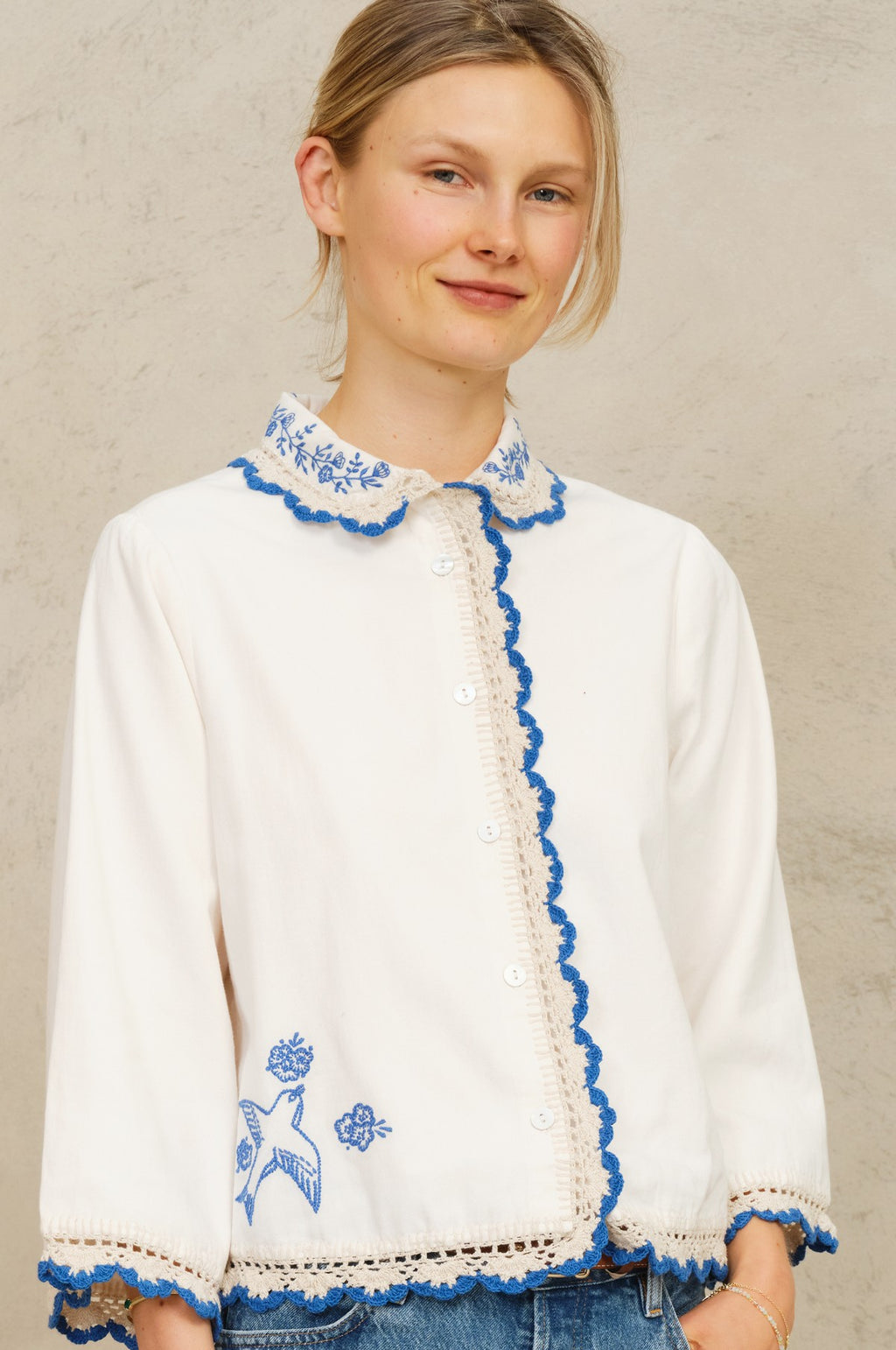 Frady Crochet Trim Top Ivory/Blue