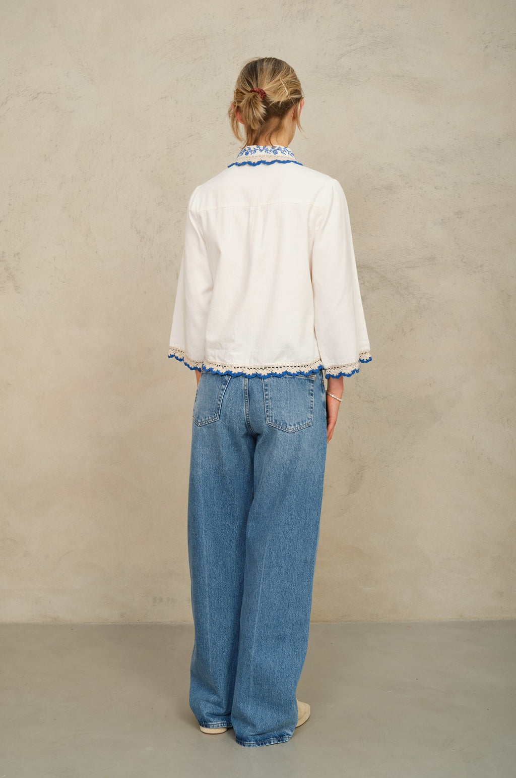 Frady Crochet Trim Top Ivory/Blue