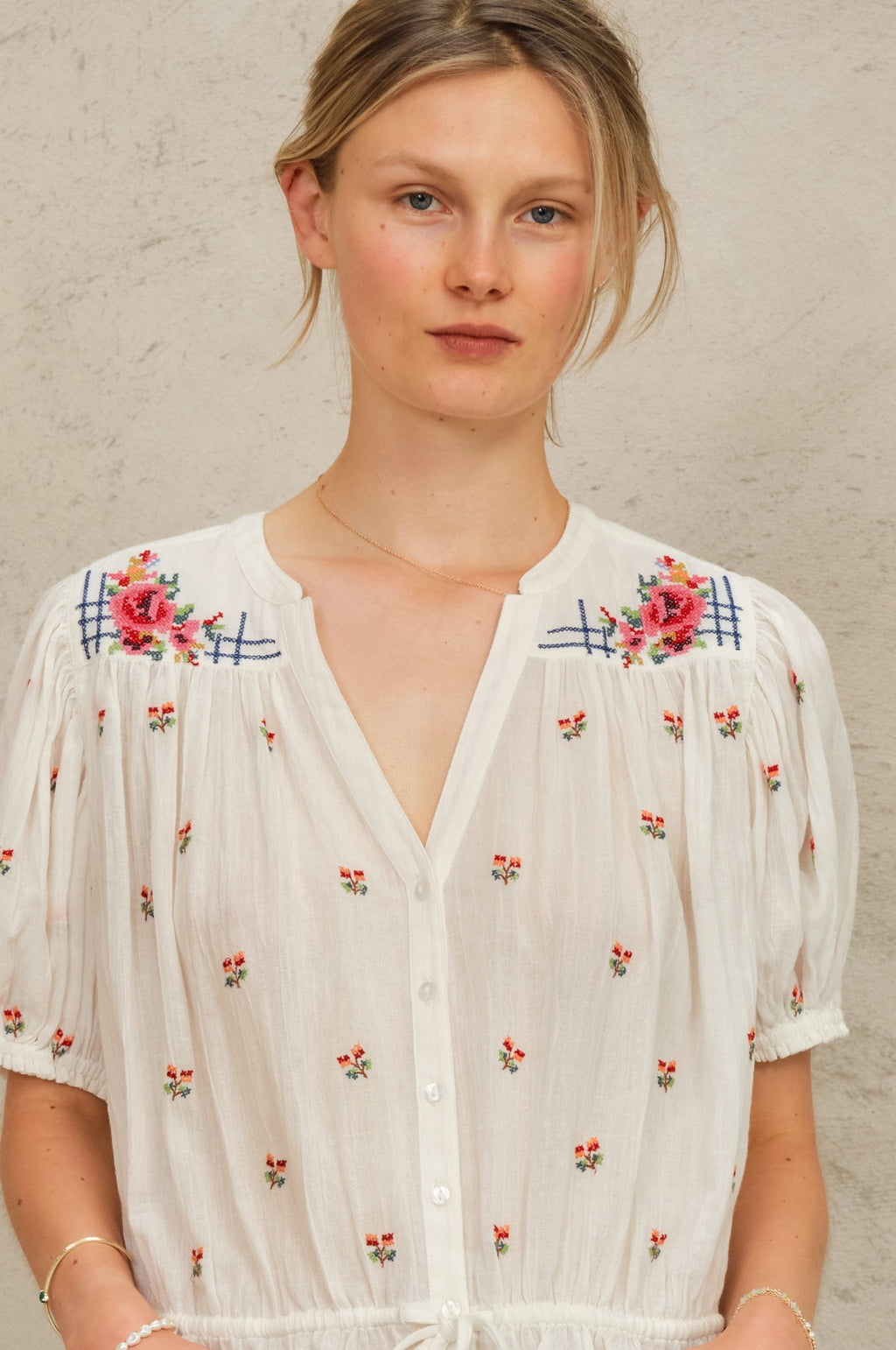 Harlie Emb S/S Top Ecru/Multi