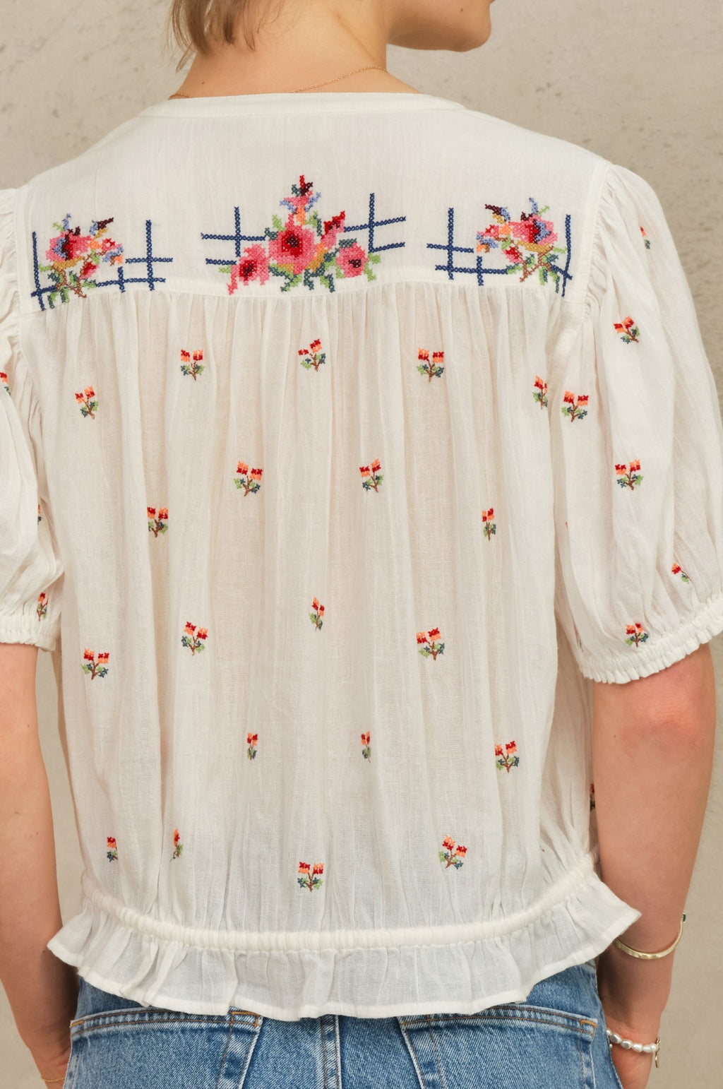 Harlie Emb S/S Top Ecru/Multi