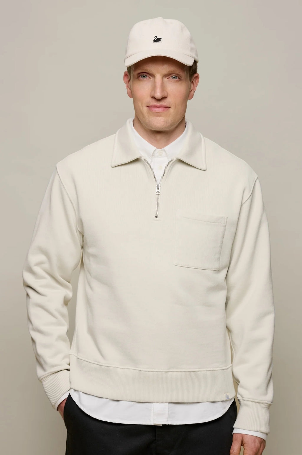 Authentic Fleece Polo Collared Half-Zip Cotton Sweatshirt Nature