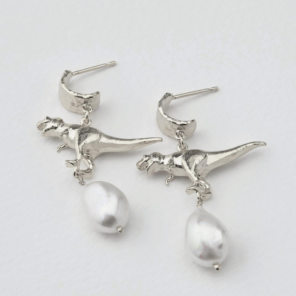 A.M. Bark Huggie Earrings with Tyrannosaurus Rex & Baroque Pearl Drops Silver
