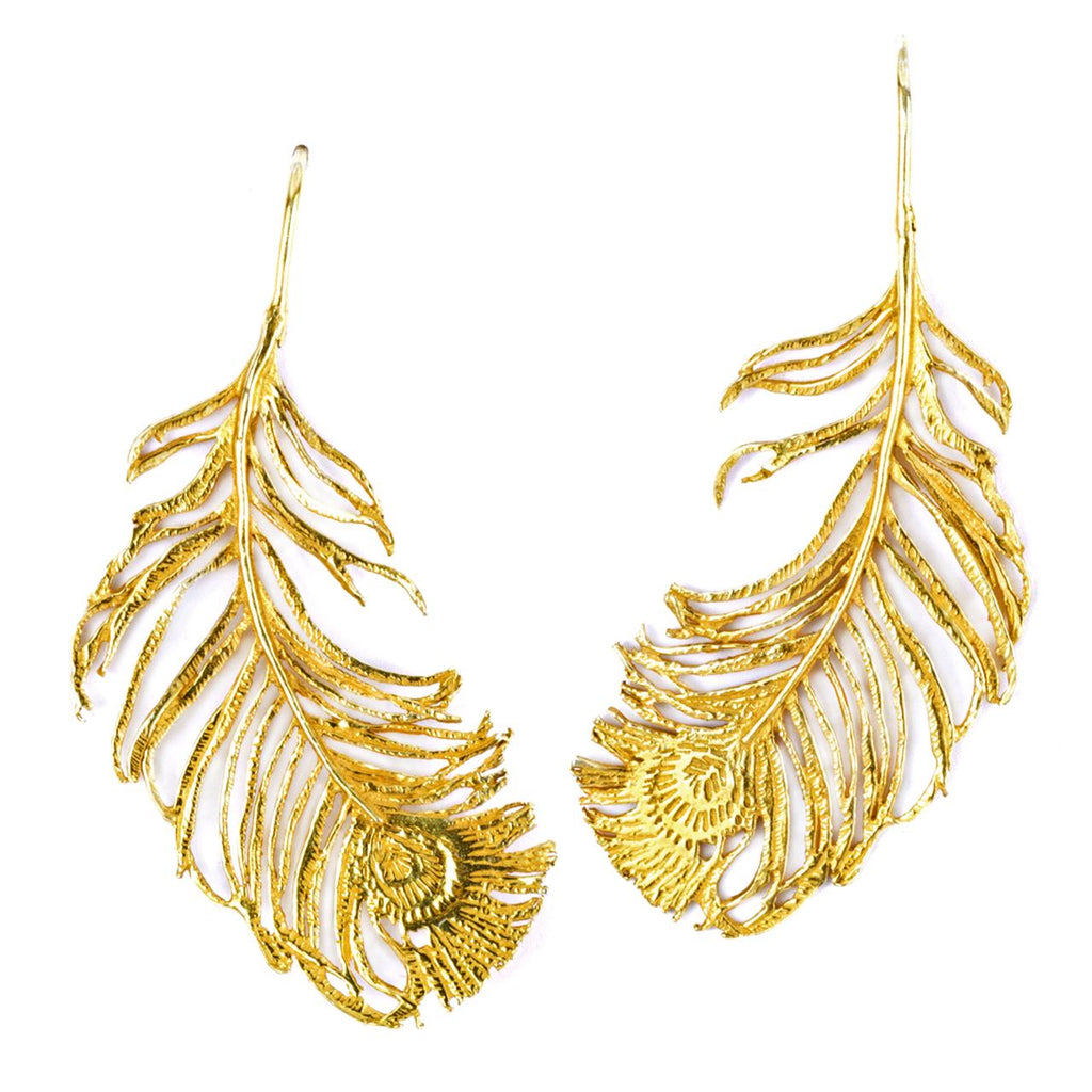 A.M. Peacock Feather Hook Earrings Gold