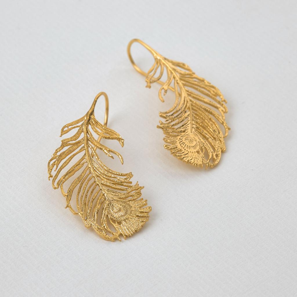 A.M. Peacock Feather Hook Earrings Gold