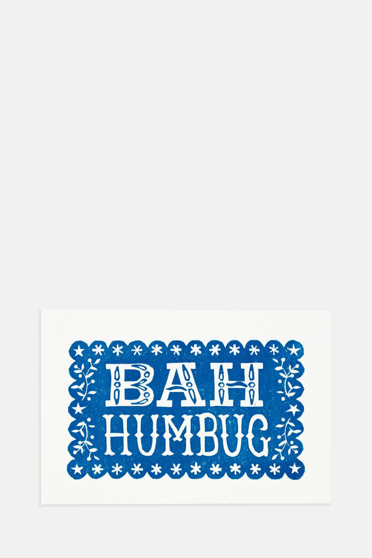 Pressed and Folded Bah Humbug Linocut Christmas Card.