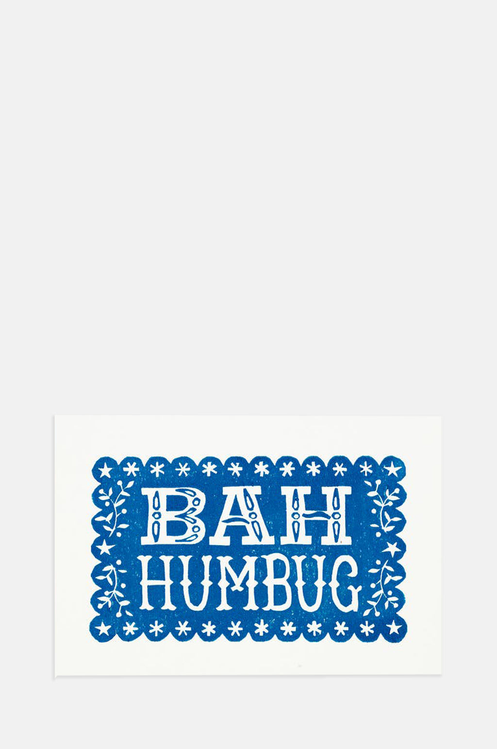 Pressed and Folded Bah Humbug Linocut Christmas Card.