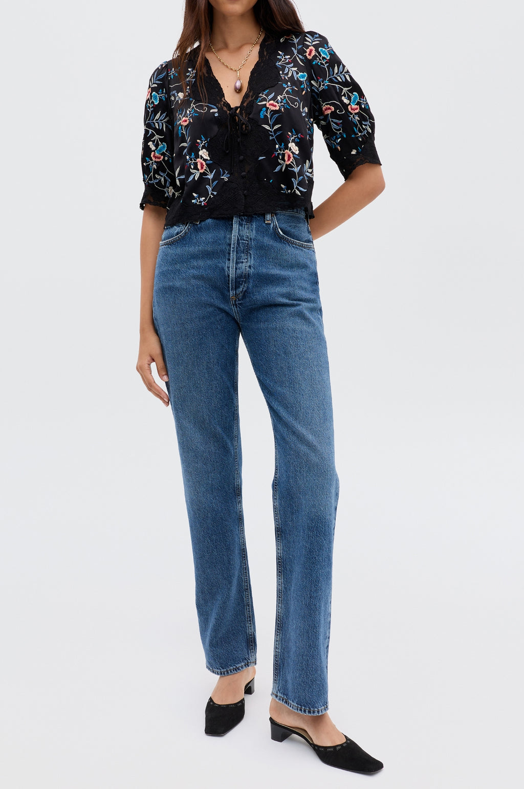 Ursula Top Botanical Embroidery Black