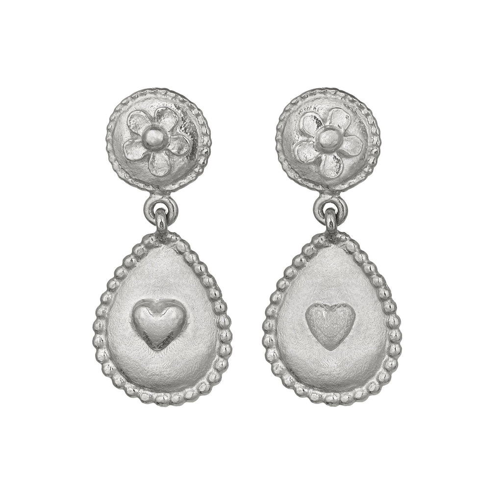 A.M. Love of Nature Heart & Flower Drop Earrings Silver