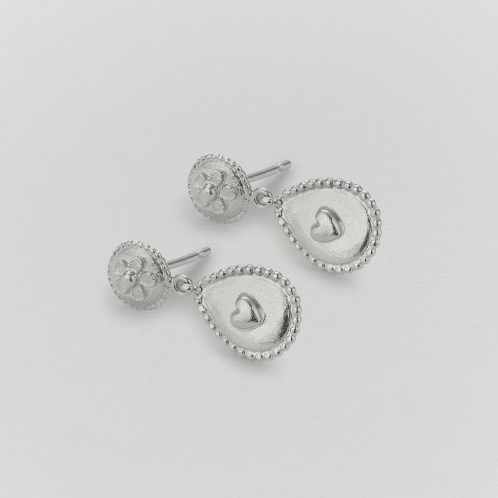A.M. Love of Nature Heart & Flower Drop Earrings Silver