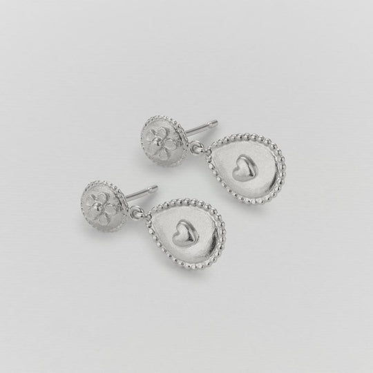 A.M. Love of Nature Heart & Flower Drop Earrings Silver