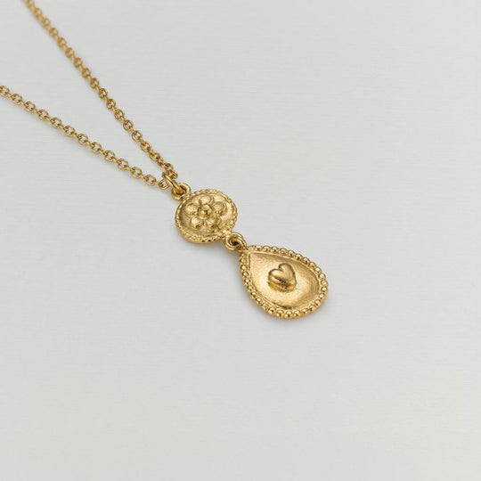 A.M. Love of Nature Heart & Flower Drop Necklace Gold