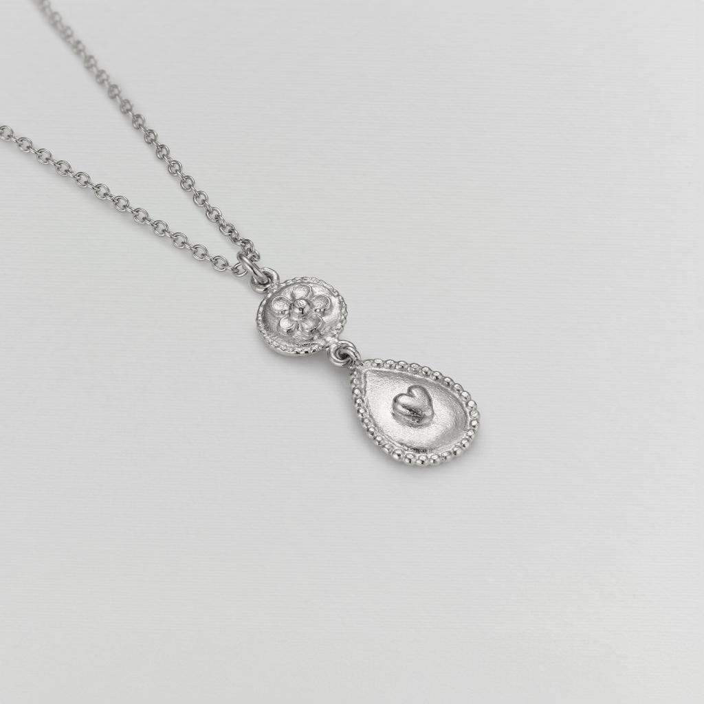 A.M. Love of Nature Heart & Flower Drop Necklace Silver