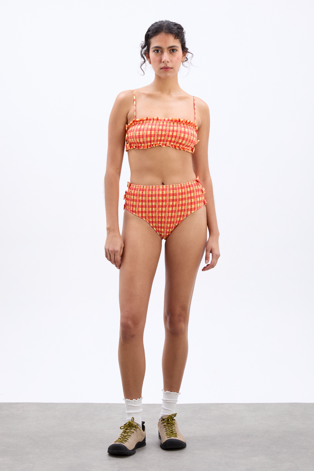 Shirred Bow High Bikini Bottoms Orange Gingham