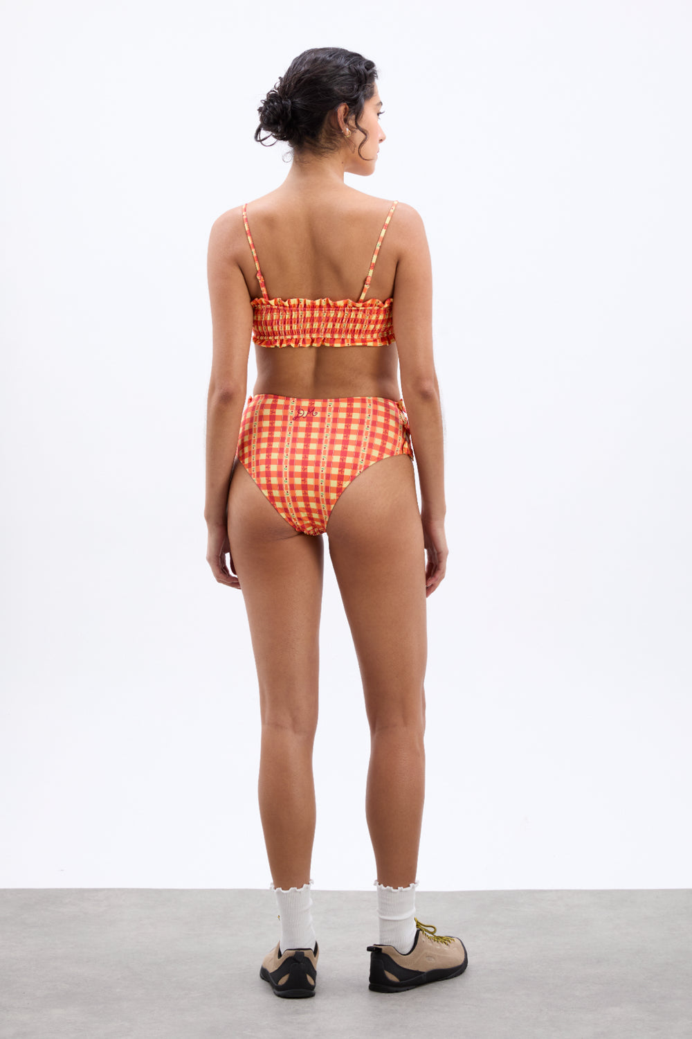 Shirred Bow High Bikini Bottoms Orange Gingham
