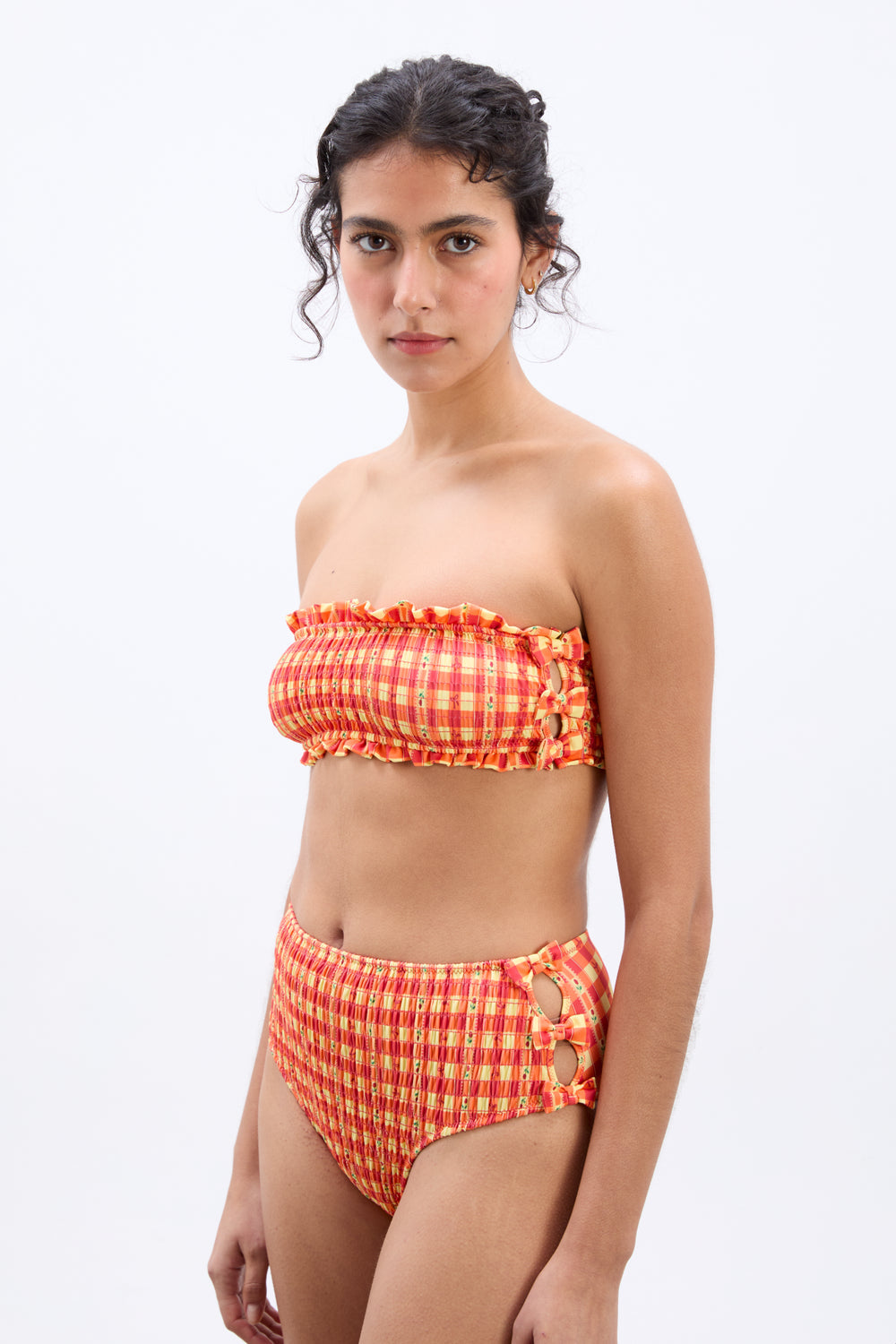 Shirred Bow High Bikini Bottoms Orange Gingham