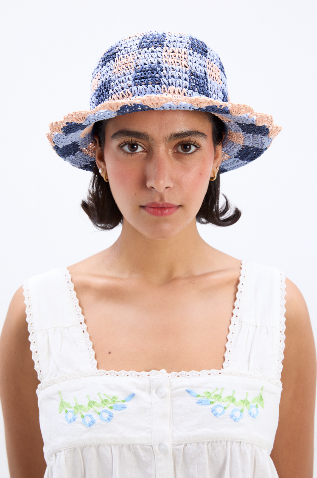 Gingham Straw  Bucket Hat Navy & Pale Pink