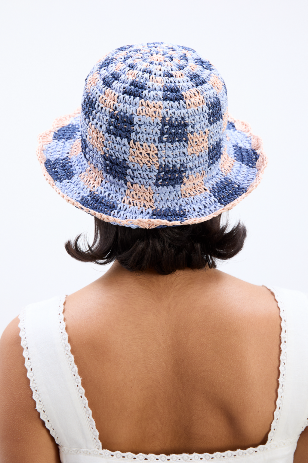 Gingham Straw  Bucket Hat Navy & Pale Pink