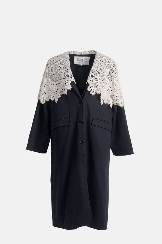 Alina Lace Oversized Long Coat Black