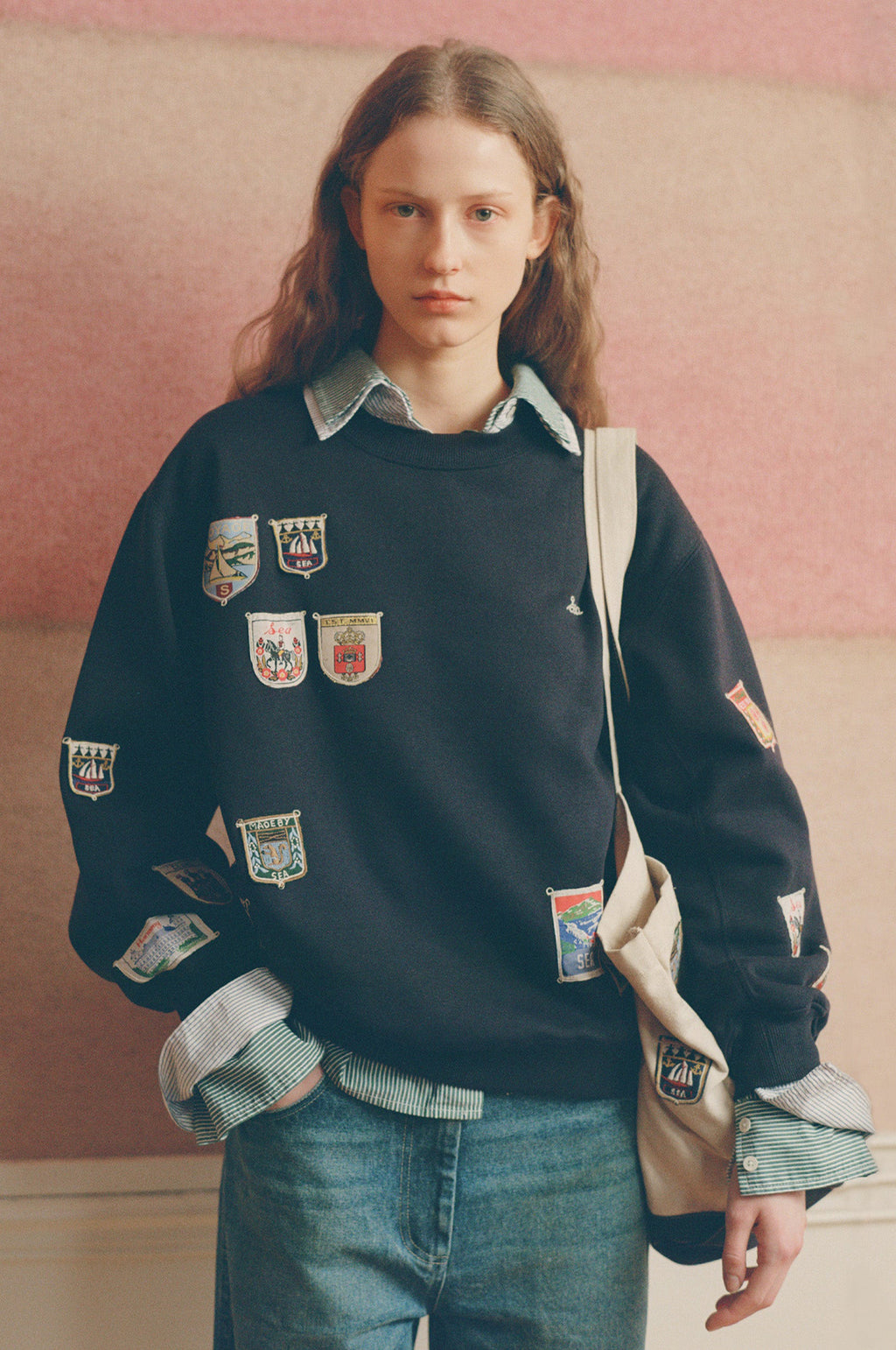 Davis Patchwork Crew Neck Sweatshirt Navy