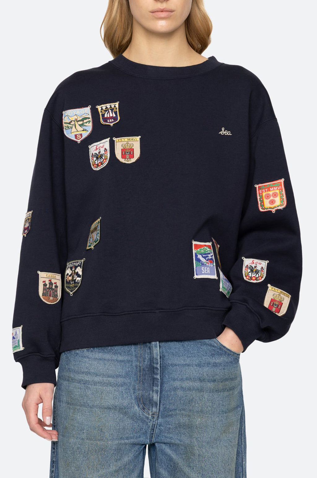 Davis Patchwork Crew Neck Sweatshirt Navy