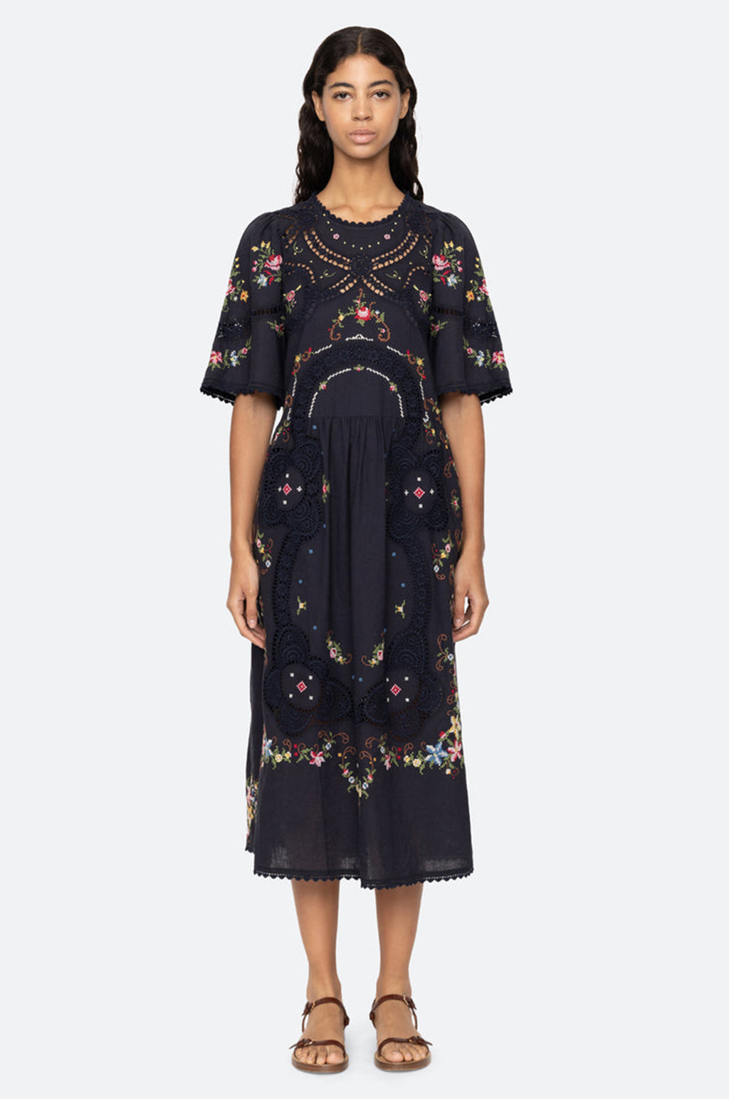 Edwina Embroidery S/Slv Dress Navy