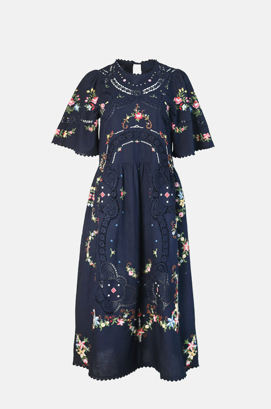 Edwina Embroidery S/Slv Dress Navy