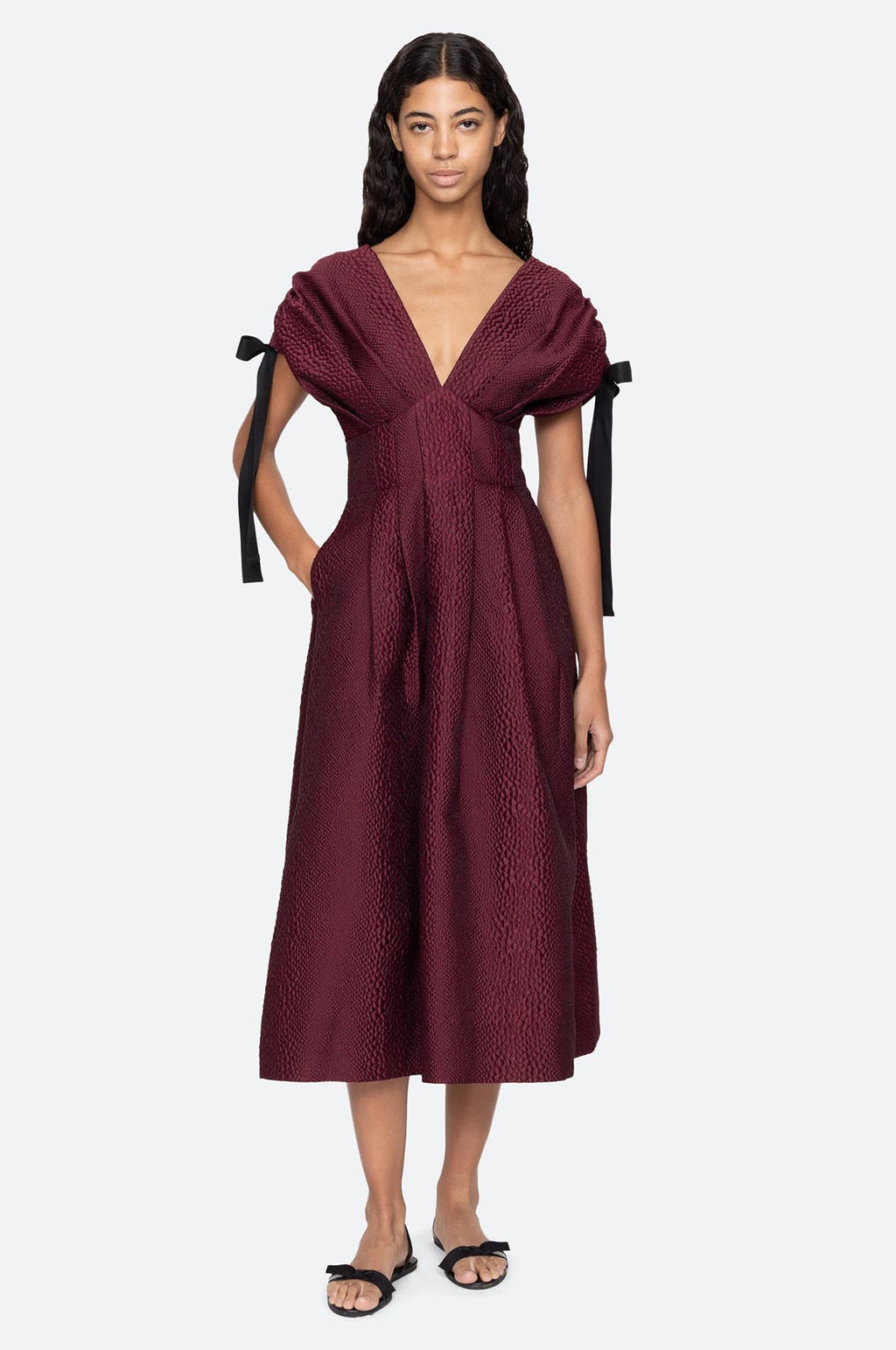 Fayetta Embossed Evening Midi Dress Burgundy