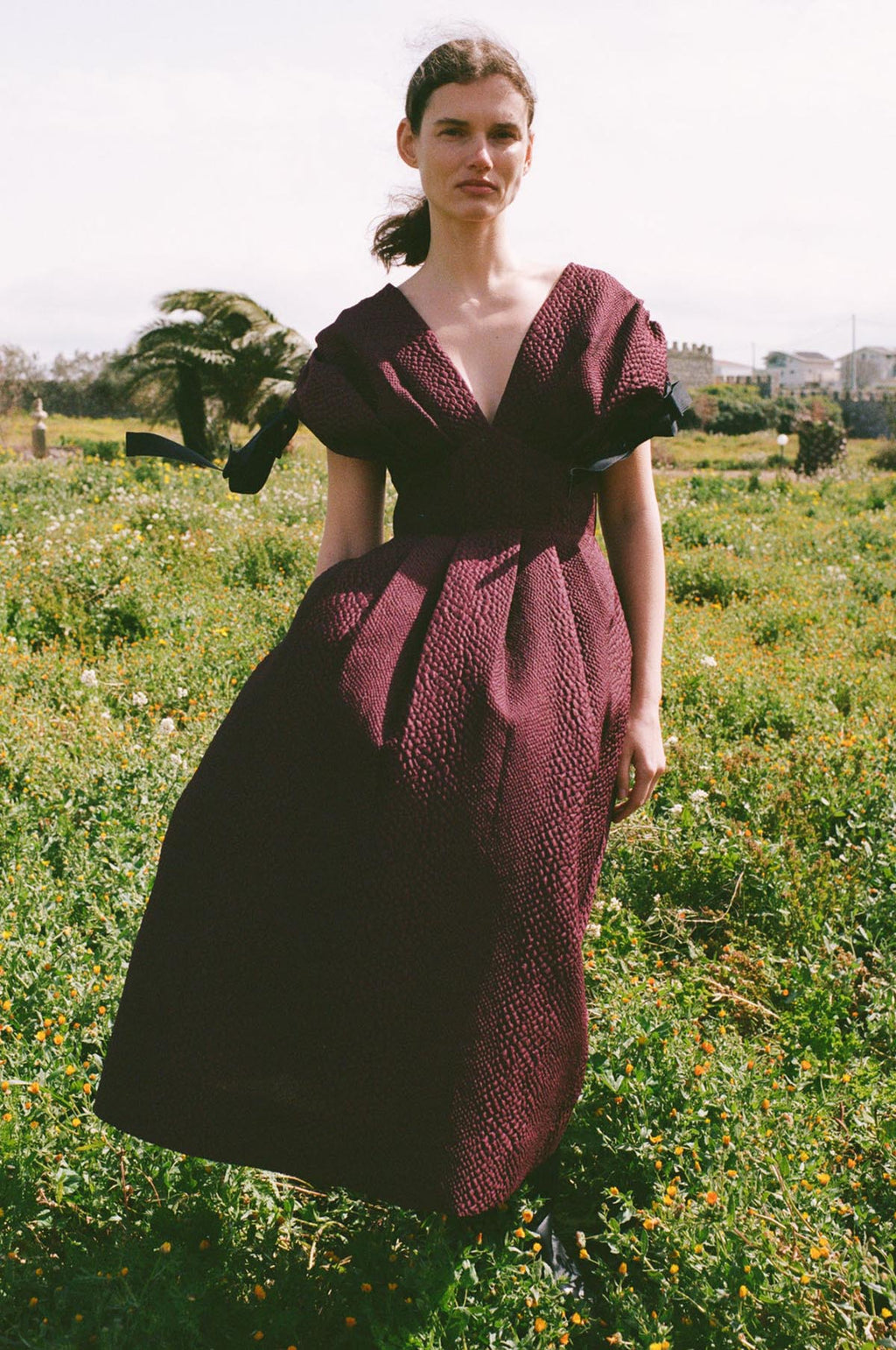 Fayetta Embossed Evening Midi Dress Burgundy