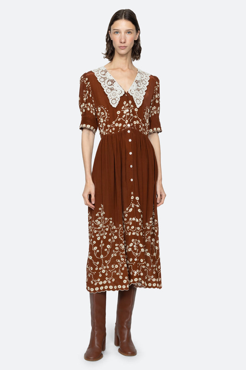 Frances Print S/Slv Midi Dress Brown