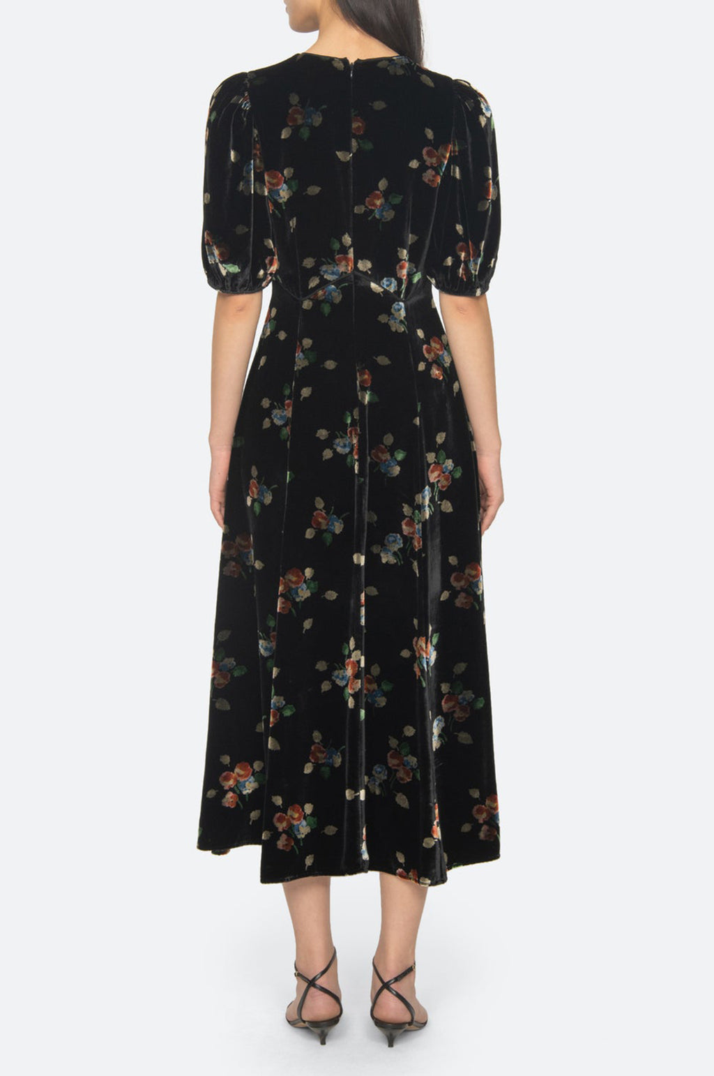 Leda Velvet Puff Slv Midi Dress Black