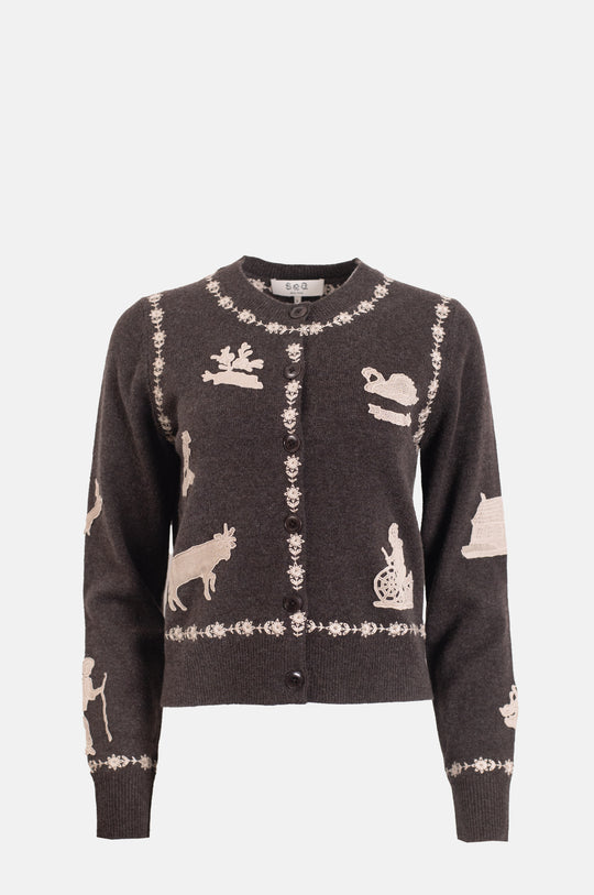 Margeurite Lace Patch L/Slv Cardigan Coffee