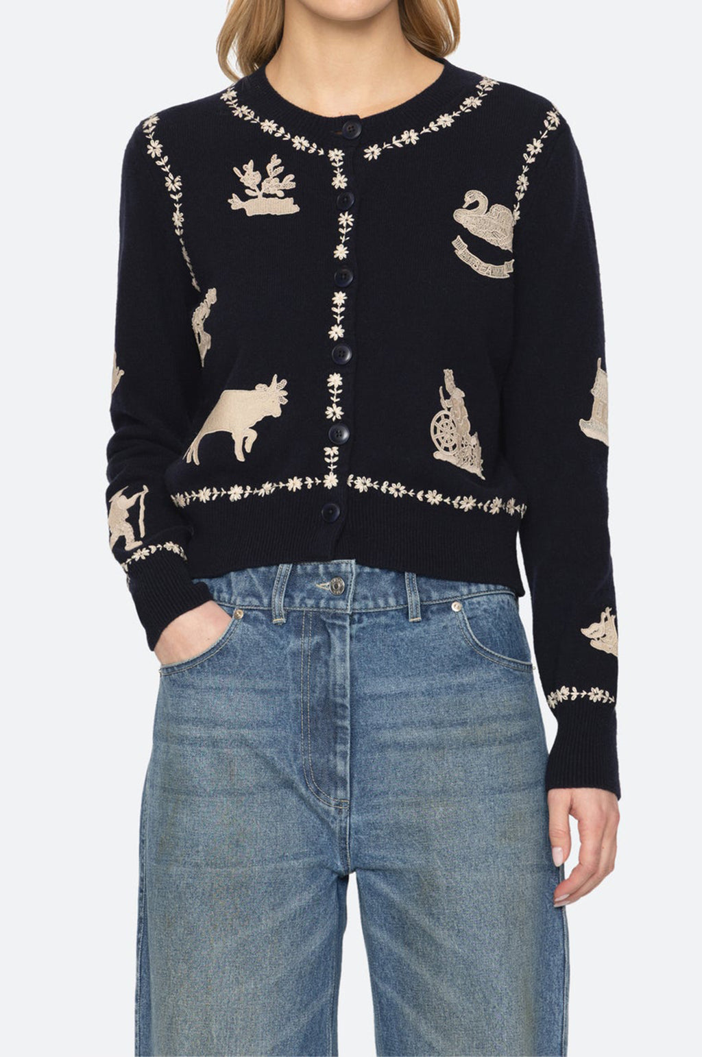 Margeurite Lace Patch L/Slv Cardigan Navy