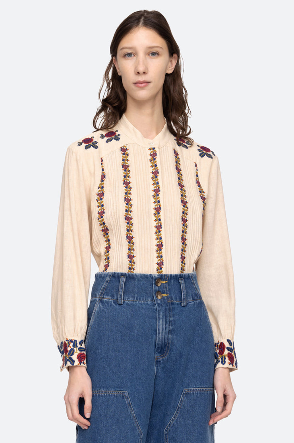 Nan Silk Embroidery L/Slv Pintucked Top Beige