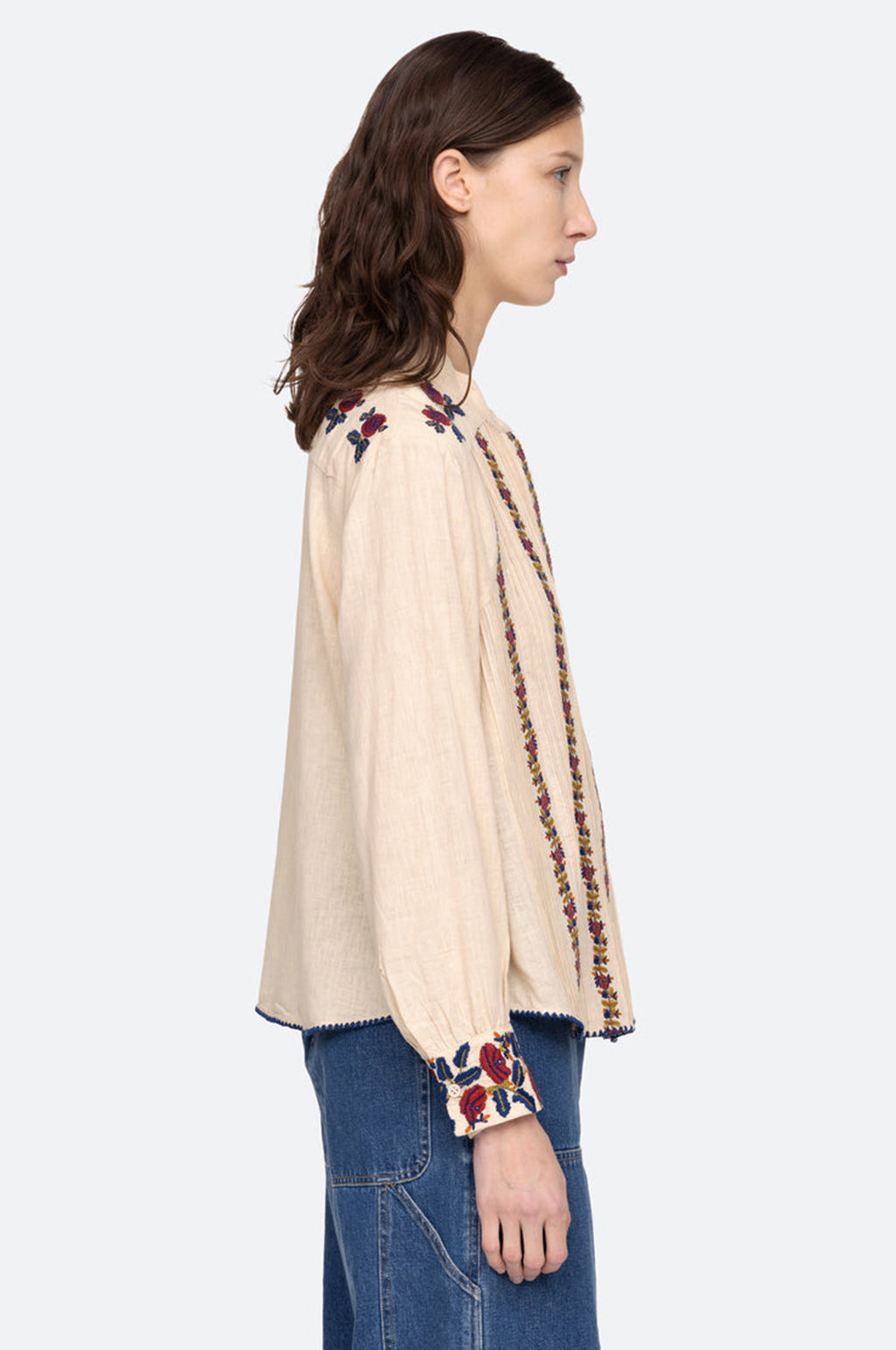 Nan Silk Embroidery L/Slv Pintucked Top Beige