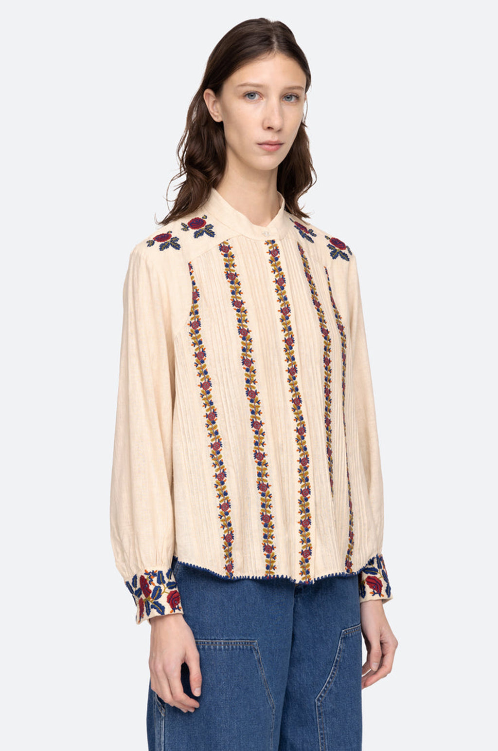 Nan Silk Embroidery L/Slv Pintucked Top Beige