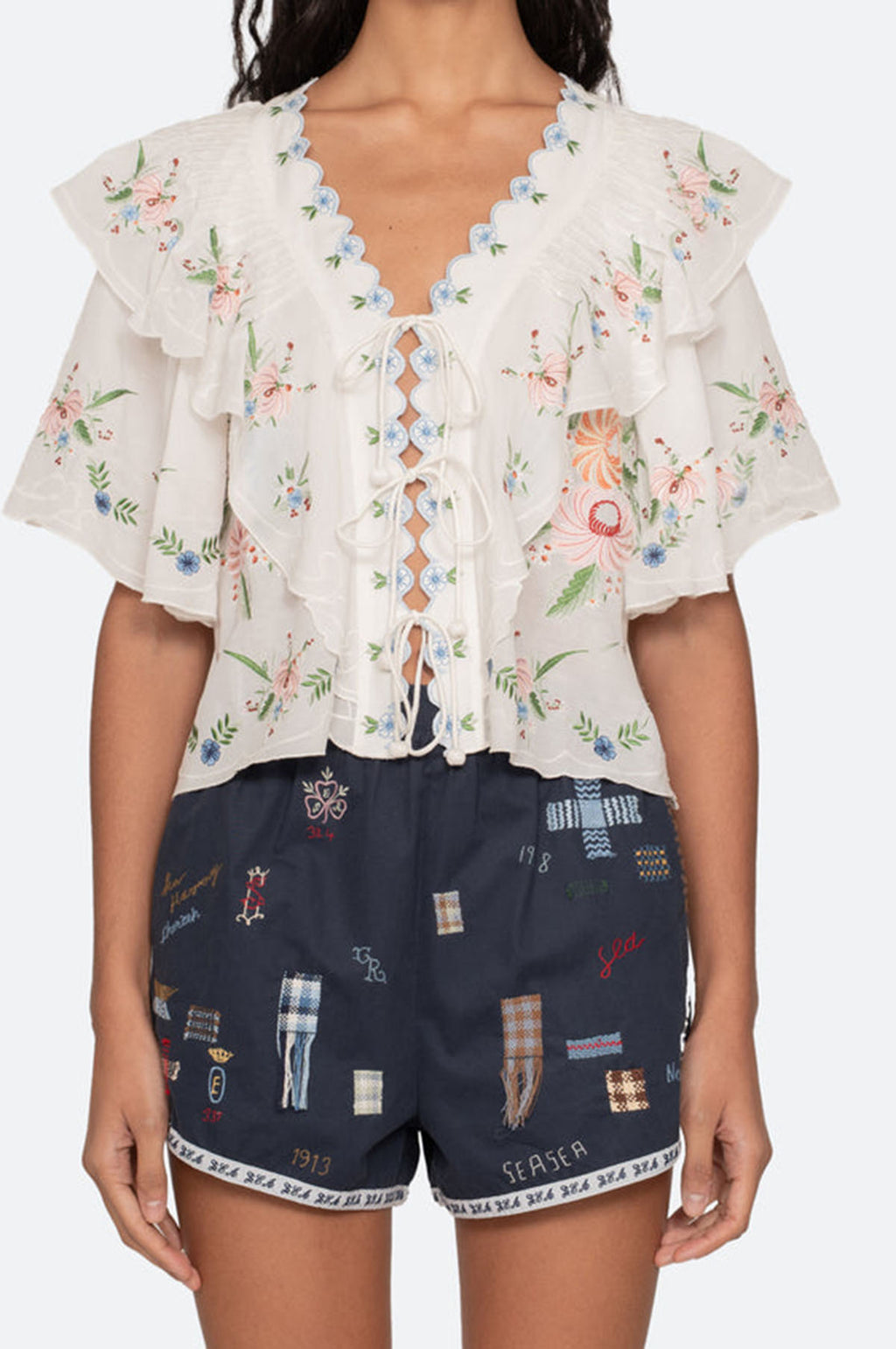 Serafina Embroidery S/Slv Top Cream
