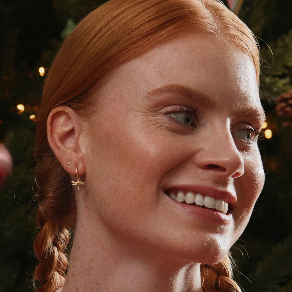 A.M. Teeny Tiny Single Huggie Hoop Earring with Dragonfly 18ct Solid Gold