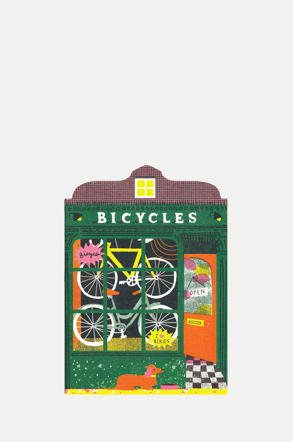 The Printed Peanut Bicycle Shop Die Cut Card.