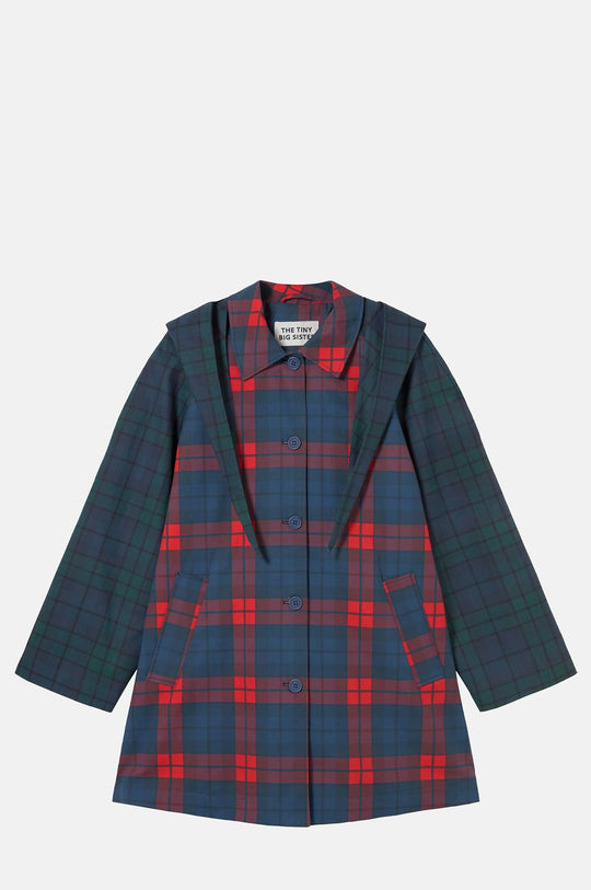 Check Hood Trench Coat Light Navy/Dark Red