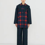 Check Hood Trench Coat Light Navy/Dark Red