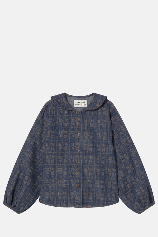 Dots Flowers Denim Blouse Navy