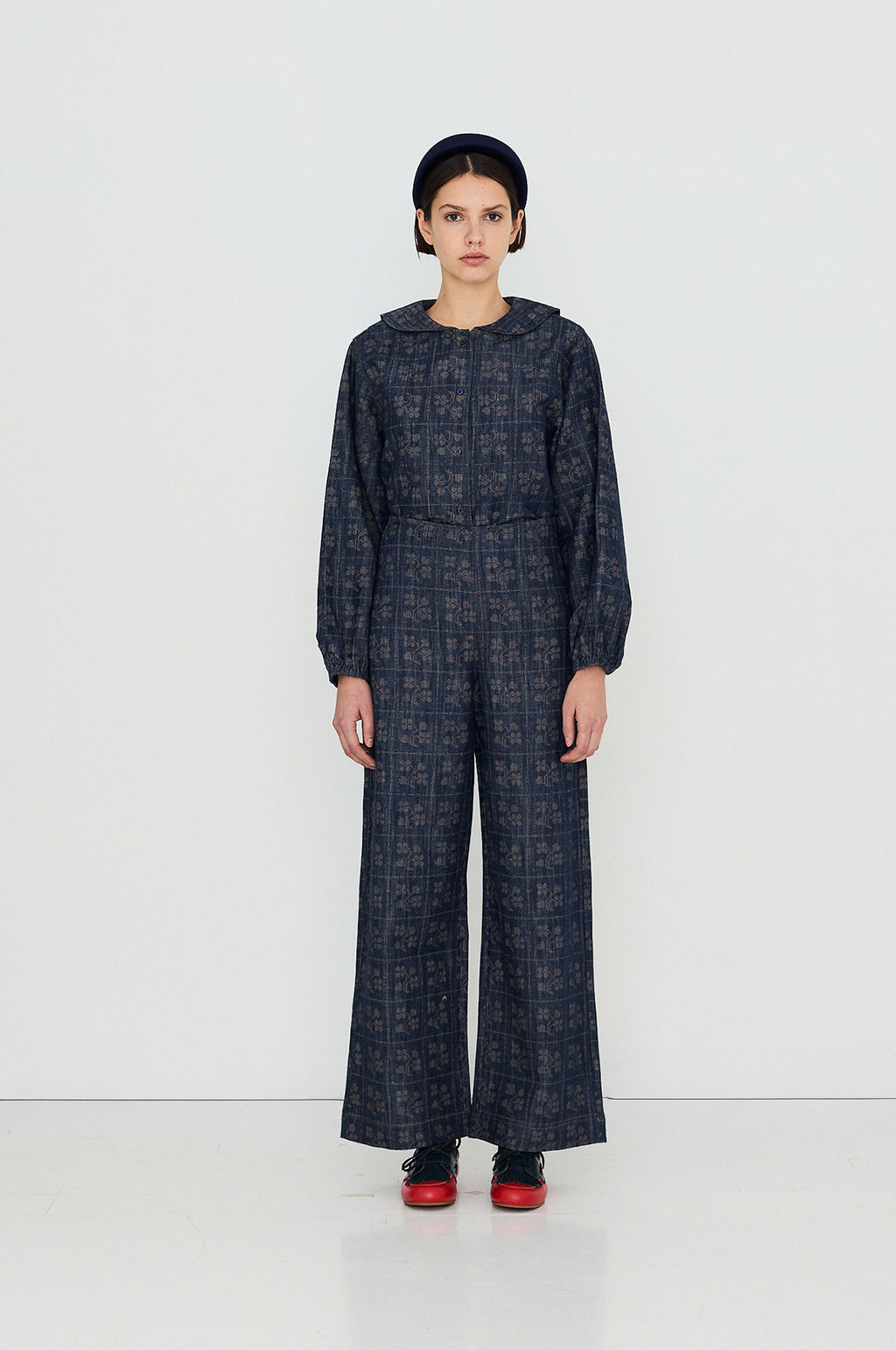 Dots Flowers Denim Blouse Navy