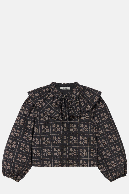 Dots Flowers Puff Sleeves Blouse Navy