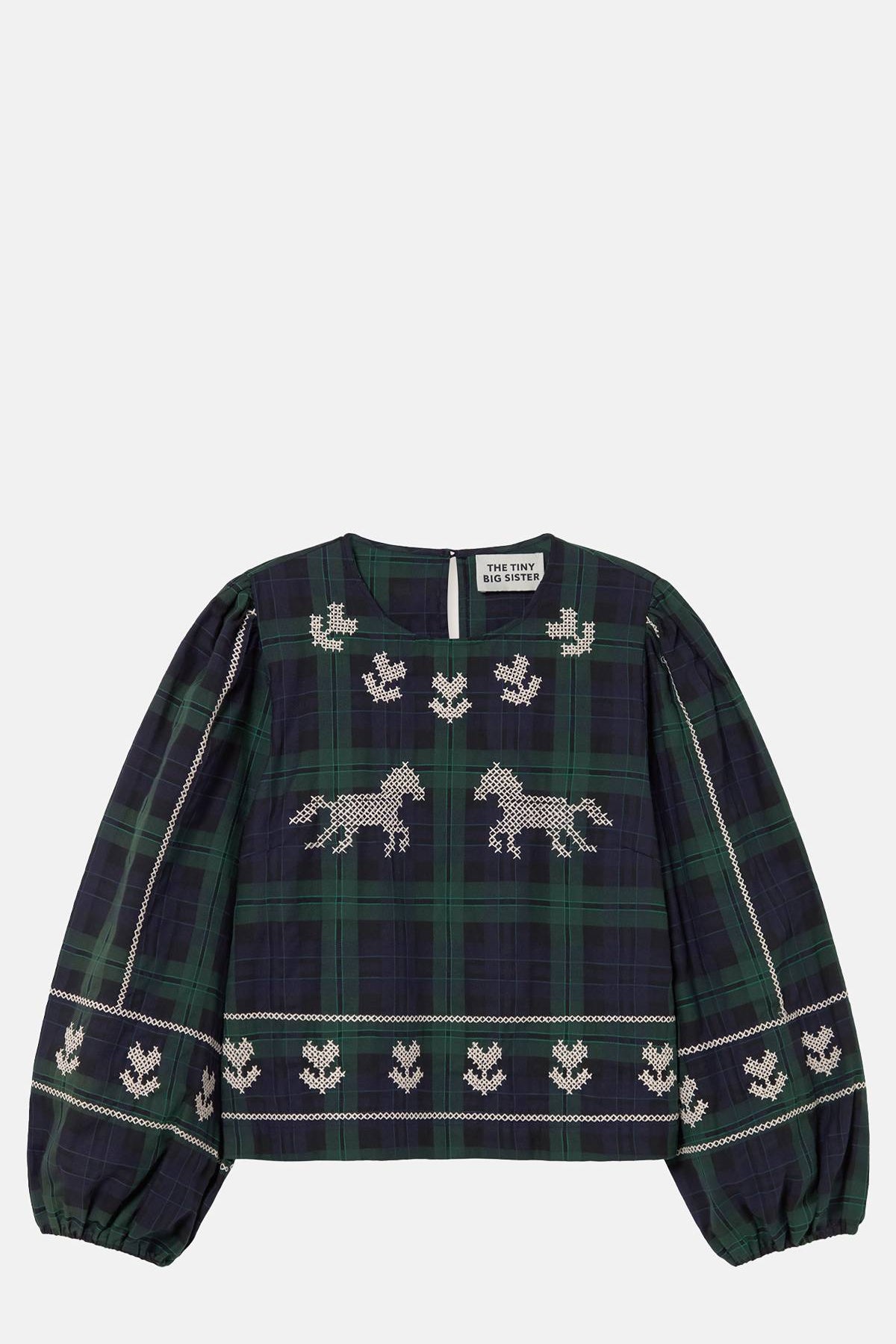 The Tiny Big Sister Embroidered Check Puff Sleeves Blouse.