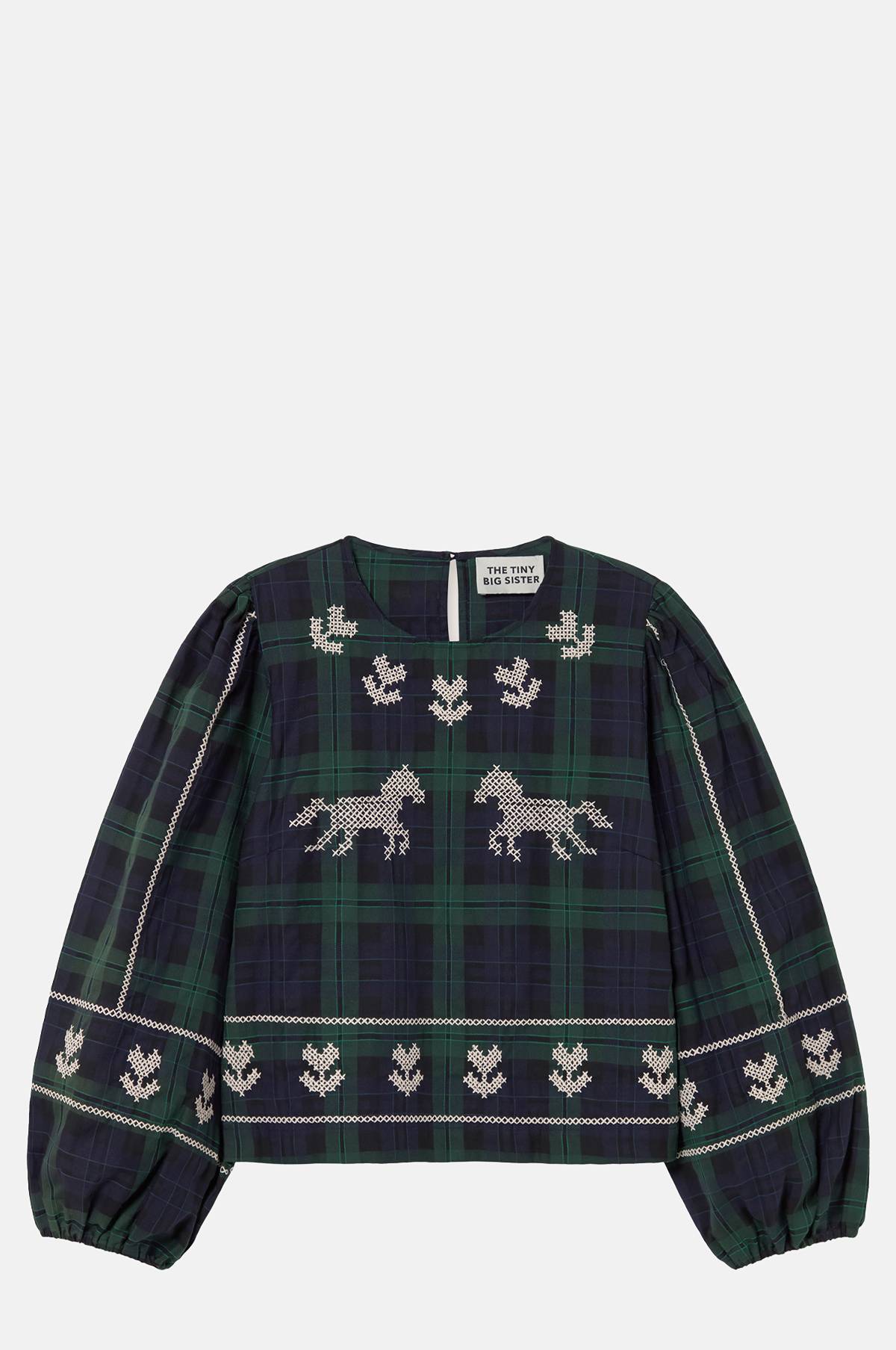 The Tiny Big Sister Embroidered Check Puff Sleeves Blouse.
