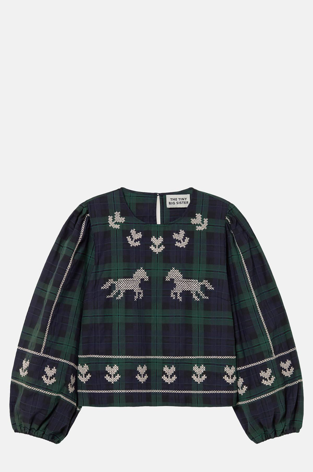 The Tiny Big Sister Embroidered Check Puff Sleeves Blouse.