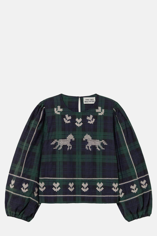 Embroidered Check Puff Sleeves Blouse Navy